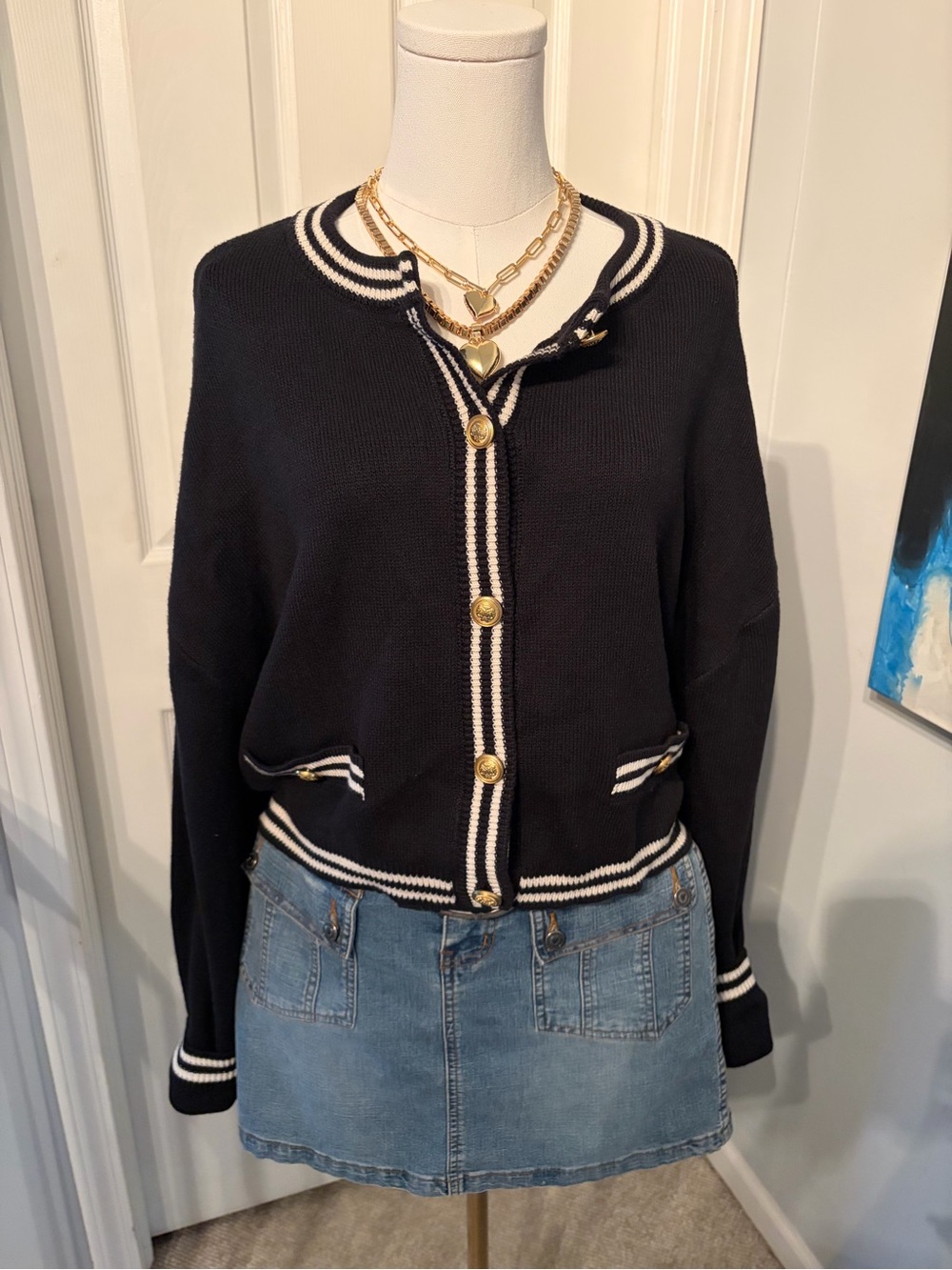American Eagle Outfitters Black Cardigan with White Trim and Gold Buttons